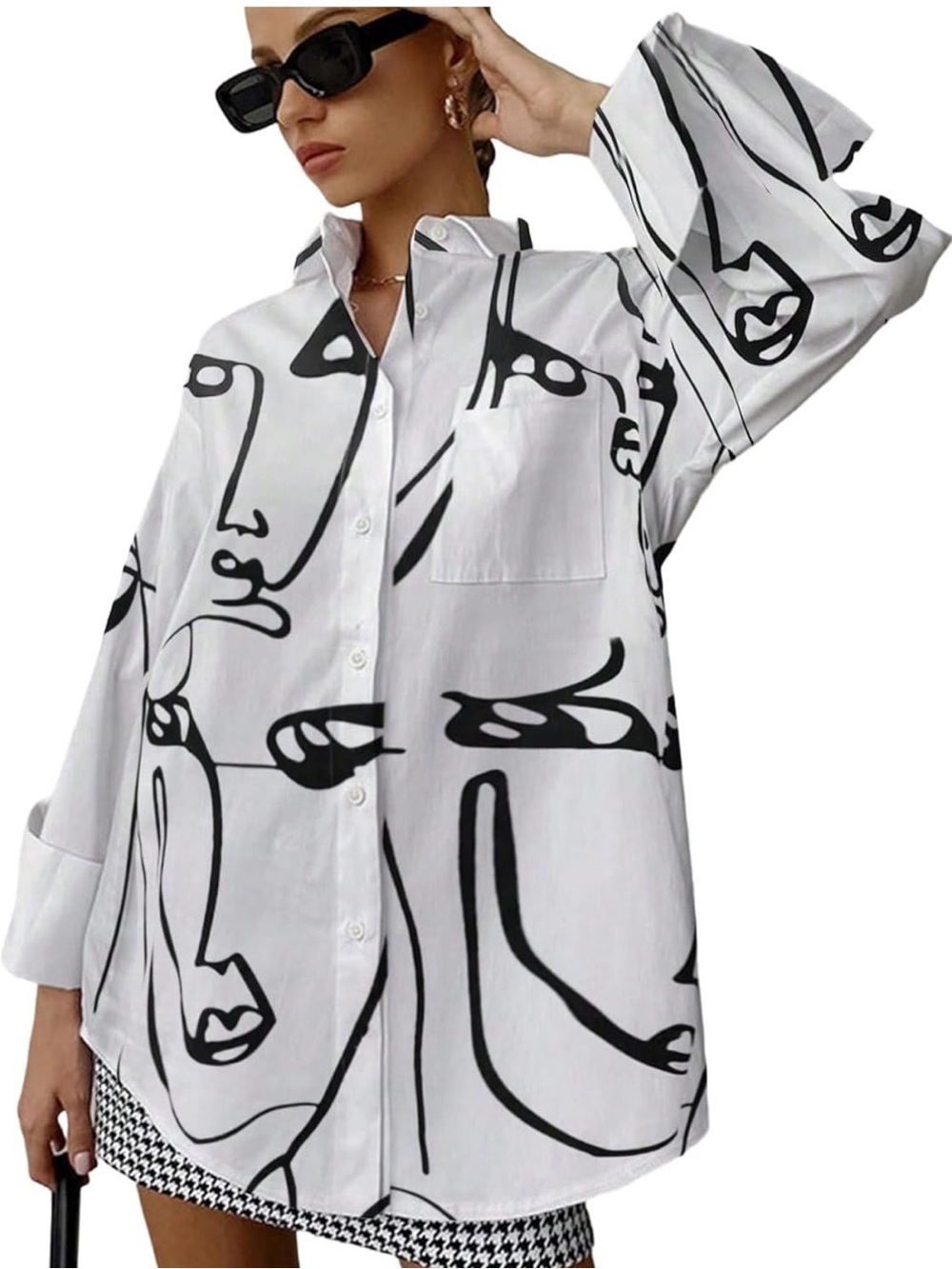 NWOT Abstract Face Print Button-Down Shirt Tunic Oversized Crisp Women's L